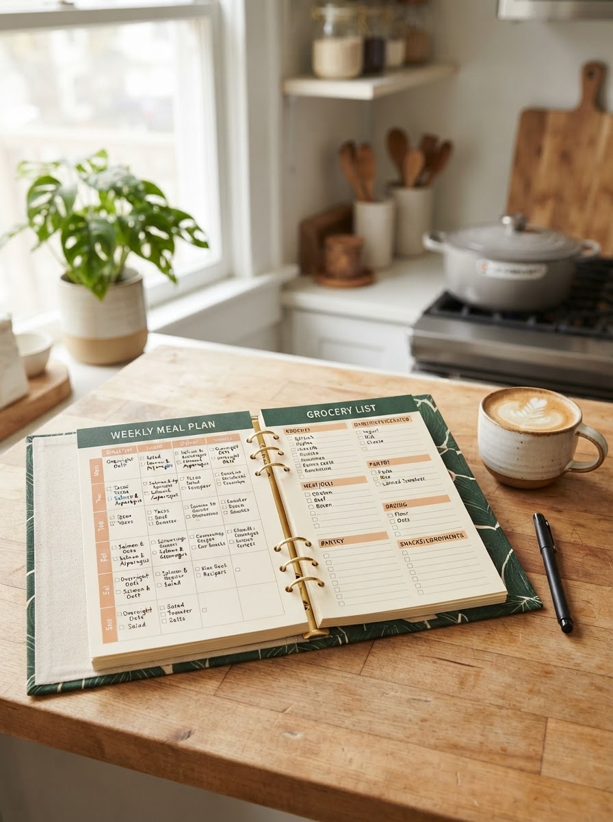 Printed 14-day budget meal planner and grocery list booklet open on a kitchen table
