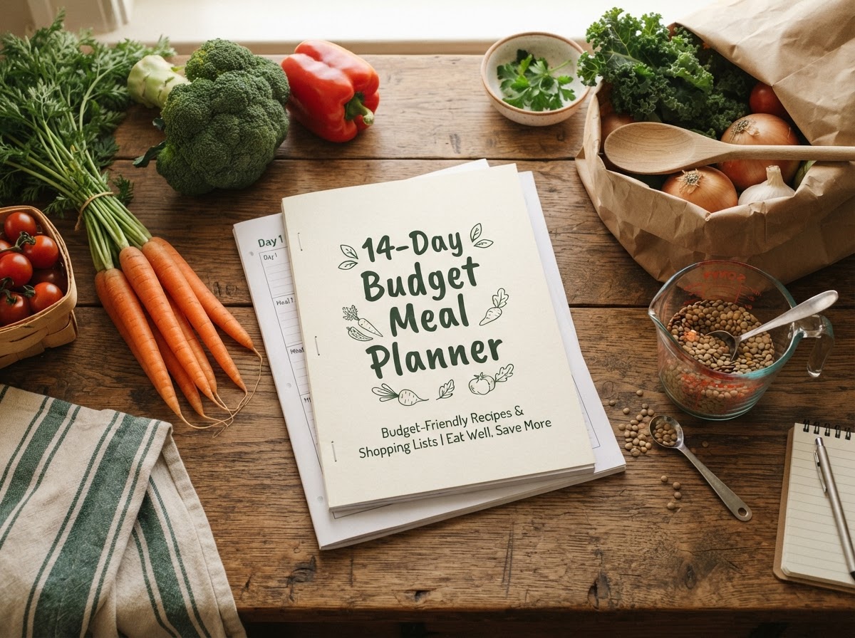 Flat lay of printed budget meal planner pages with grocery list and fresh vegetables